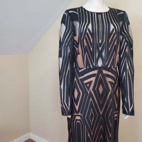 BCBGMAXAZIRA VEIRA DRESS geometric Illusion Boho Maxi Dress Sz 10 black/Nude - Picture 2 of 12